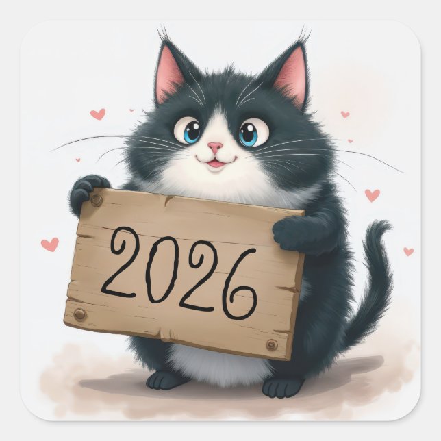 Tuxedo Cat with 2026 New Year Sign Square Sticker (Front)