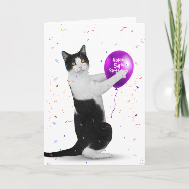 Tuxedo Cat with 54th Birthday Balloon Card (Front)