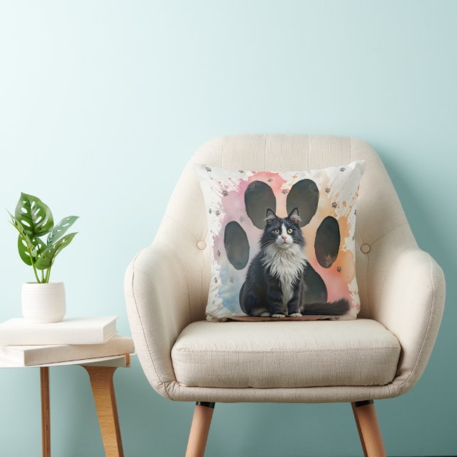 Tuxedo Cat with a Paw Print Background Cushion (Chair)