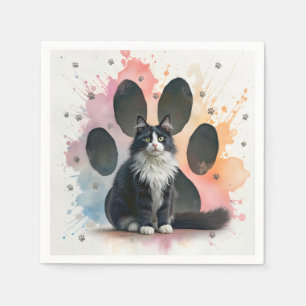 Tuxedo Cat with a Paw Print Background Napkin