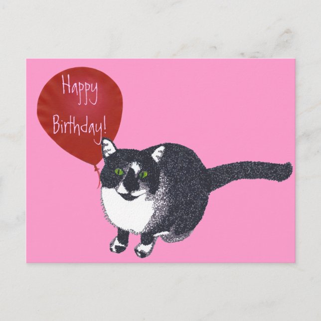 Tuxedo Cat with Balloon Happy Birthday Postcards (Front)