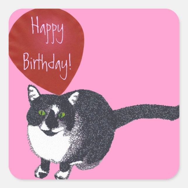 Tuxedo Cat with Balloon Happy Birthday Stickers (Front)
