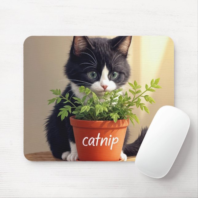 Tuxedo Cat With Catnip Plant Mouse Mat (With Mouse)