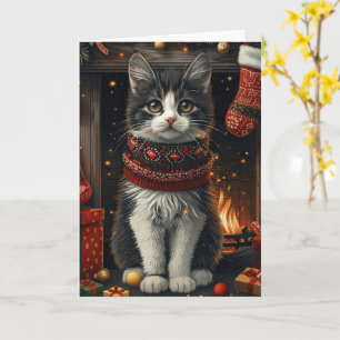 Tuxedo Cat With Christmas Gifts Fireplace Card