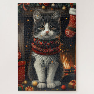 Tuxedo Cat With Christmas Gifts Fireplace Jigsaw Puzzle