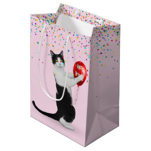 Tuxedo Cat With Confetti and Birthday Balloon Medium Gift Bag
