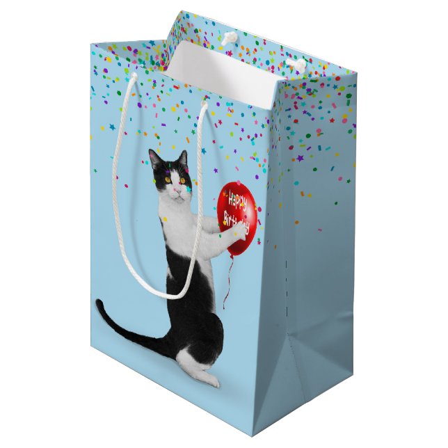 Tuxedo Cat With Confetti and Birthday Balloon Medium Gift Bag (Front Angled)