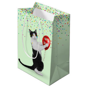 Tuxedo Cat With Confetti and Birthday Balloon Medium Gift Bag