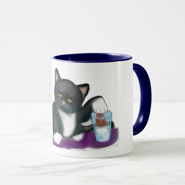 Tuxedo Cat with Cookie and Milk Mug (Front Right)
