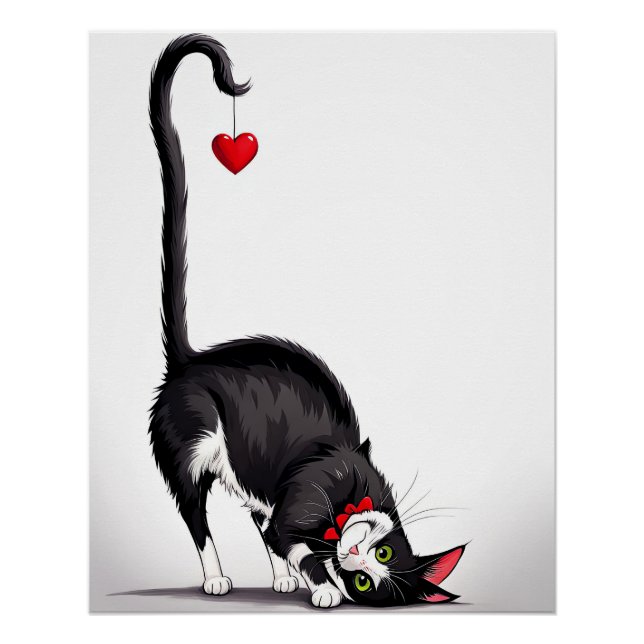 Tuxedo Cat With Dangling Heart Poster (Front)