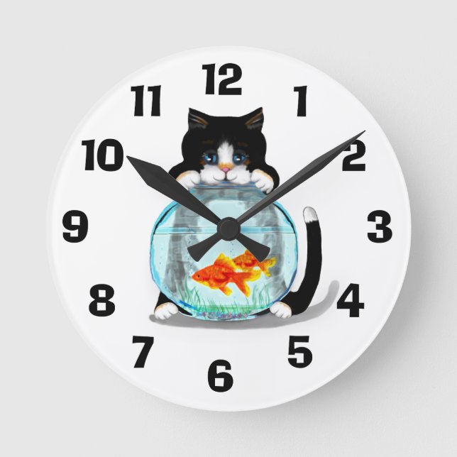 Tuxedo Cat with Fish Clock (Front)