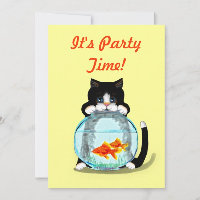 Tuxedo Cat with Fish Invitation (Front)