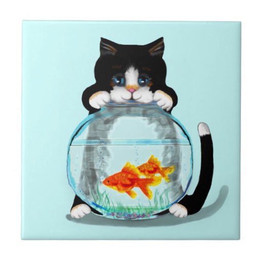 Image of Tuxedo Cat with Fish Tile