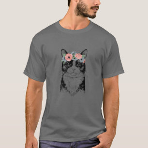 Tuxedo Cat With Floral Headband Cat Mum T-Shirt