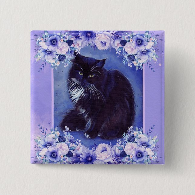 Tuxedo cat with flowers art by Renee  15 Cm Square Badge (Front)