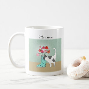 Tuxedo cat with Flowers Cute Cat Lover Custom name Coffee Mug