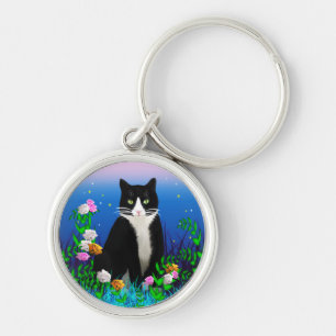 Tuxedo Cat with Flowers Keychain