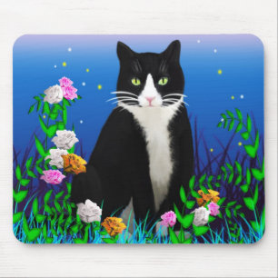 Tuxedo Cat with Flowers Mousepad