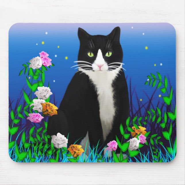 Tuxedo Cat with Flowers Mousepad (Front)
