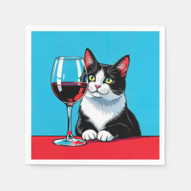 Tuxedo Cat With Glass of Red Wine Napkin (Front)