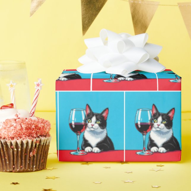 Tuxedo Cat With Glass of Red Wine Wrapping Paper (Birthday Party)