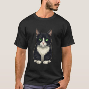 Tuxedo Cat with Green Eyes Cute Cat Illustration B T-Shirt