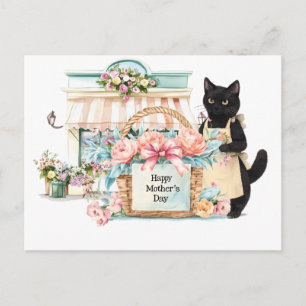 Tuxedo cat with Happy Mother's Day Flower basket  Holiday Postcard