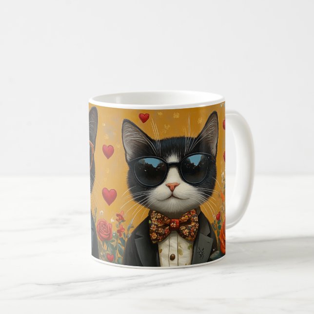 Tuxedo Cat with Heart Roses Valentine's Day Coffee Mug (Front Right)