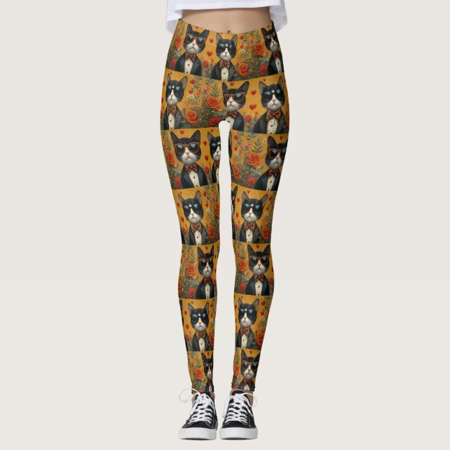 Tuxedo Cat with Heart Roses Valentine's Day Leggings (Front)