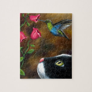 Tuxedo Cat with Hummingbird Cat 571 Jigsaw Puzzle