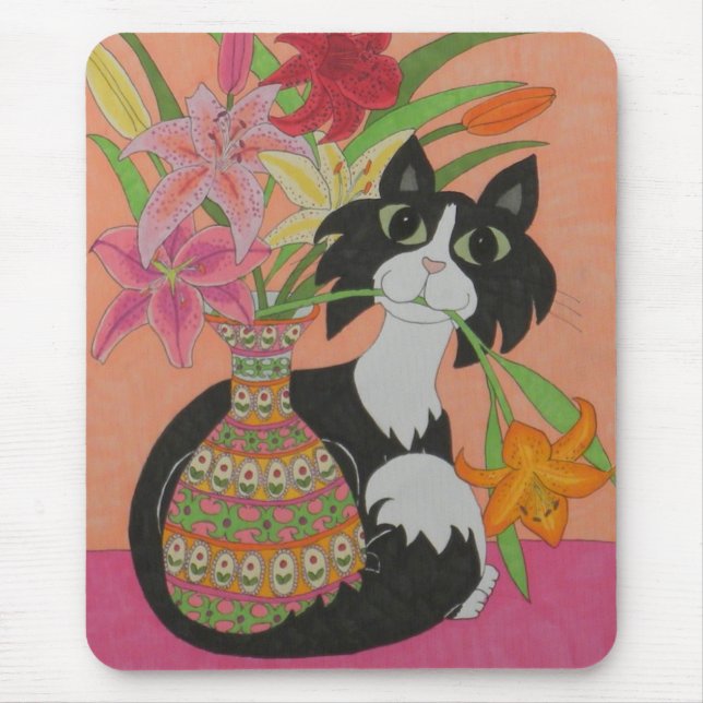 Tuxedo Cat with Lilies Mouse Mat (Front)