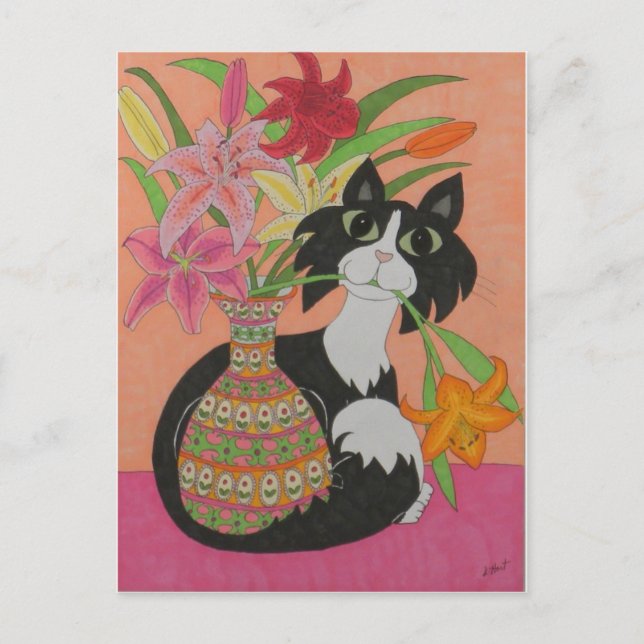 Tuxedo Cat with Lilies Postcard (Front)