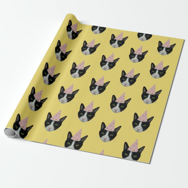 Tuxedo Cat with Party Hat Wrapping Paper (Unrolled)