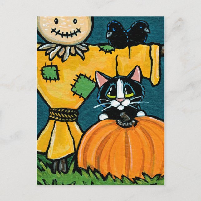 Tuxedo Cat with Pumpkin and Scarecrow Illustration Postcard (Front)