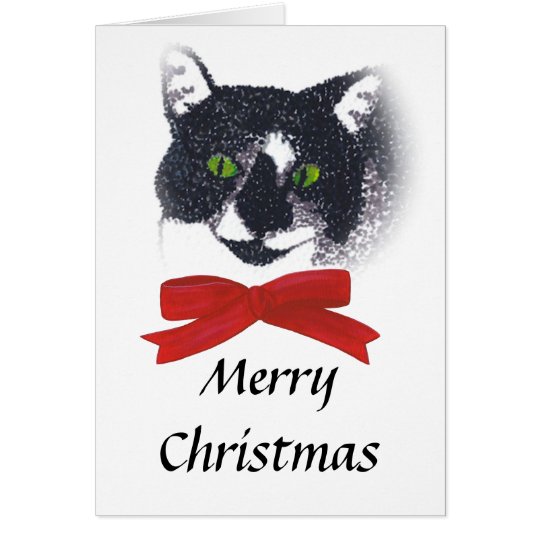 Tuxedo Cat with Red Bow Christmas Cards