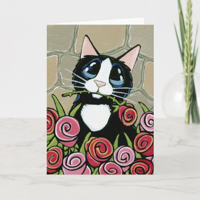 Tuxedo Cat with Red & Pink Roses Greeting Card (Front)