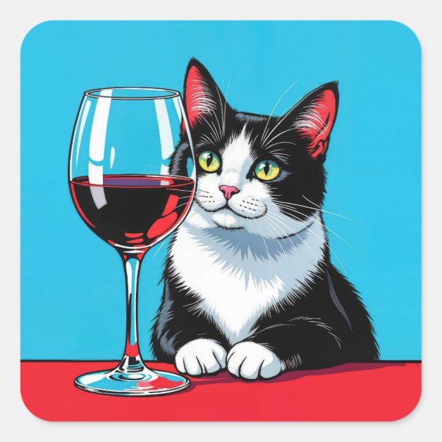 Tuxedo Cat With Red Wine Square Sticker (Front)