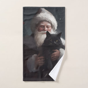 Tuxedo Cat With Santa Claus Festive Christmas Bath Towel Set