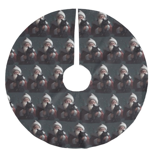 Tuxedo Cat With Santa Claus Festive Christmas Brushed Polyester Tree Skirt (Front)