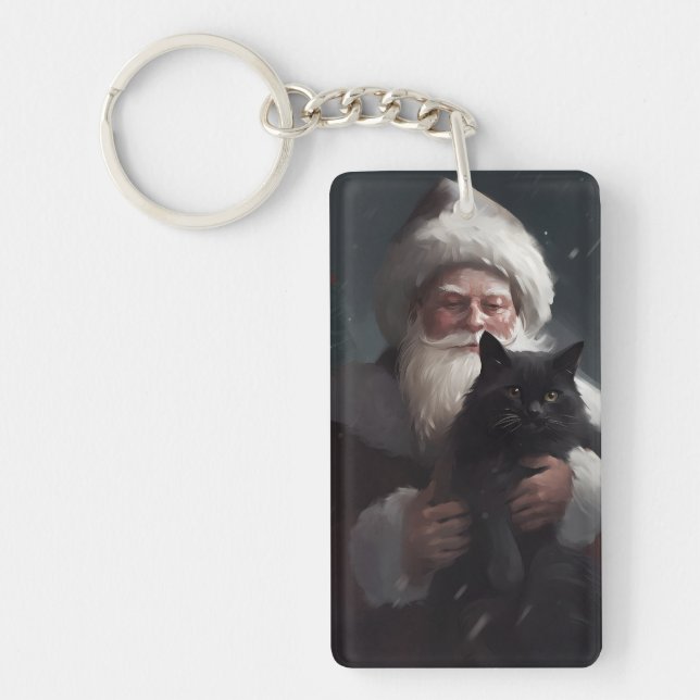 Tuxedo Cat With Santa Claus Festive Christmas Key Ring (Front)