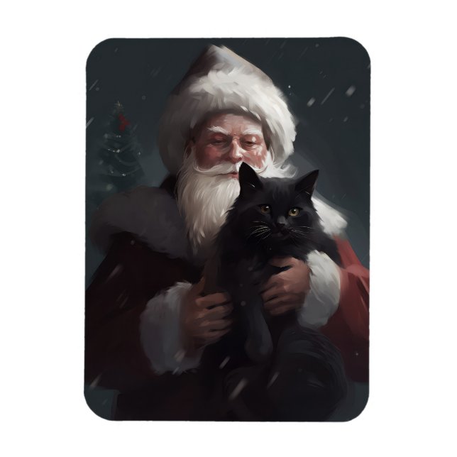 Tuxedo Cat With Santa Claus Festive Christmas Magnet (Vertical)