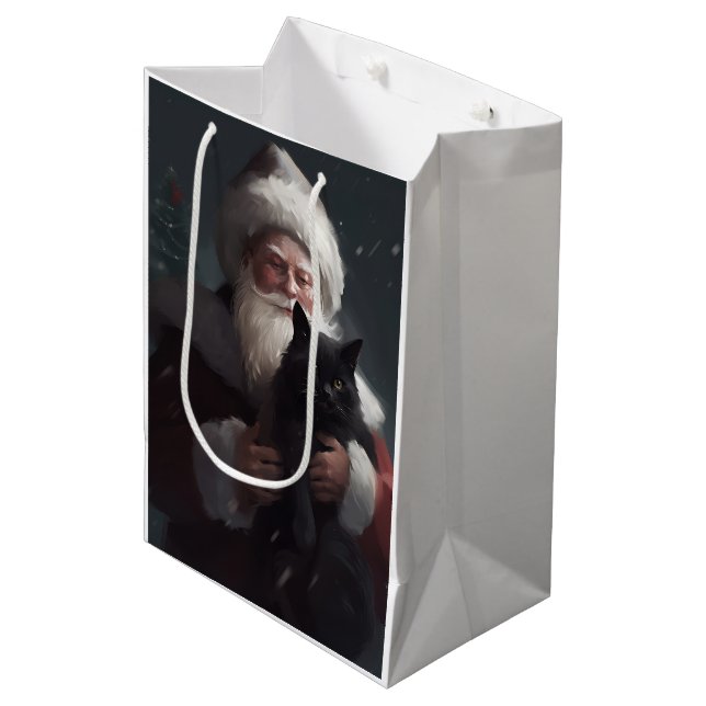 Tuxedo Cat With Santa Claus Festive Christmas Medium Gift Bag (Front Angled)