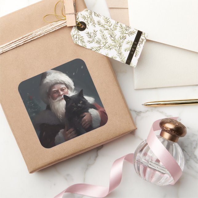 Tuxedo Cat With Santa Claus Festive Christmas Square Sticker (Gifting)