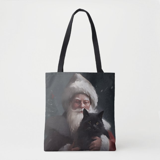 Tuxedo Cat With Santa Claus Festive Christmas Tote Bag (Front)