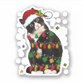 Tuxedo Cat With Santa Hat Funny Christmas Lights