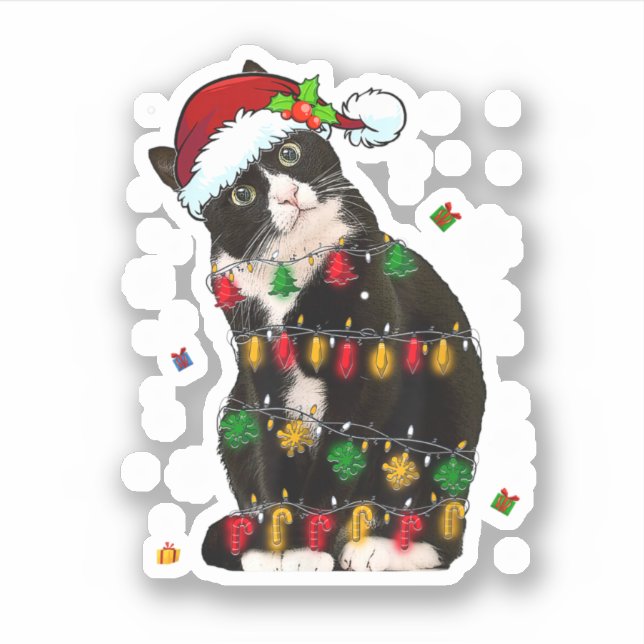 Tuxedo Cat With Santa Hat Funny Christmas Lights (Front)