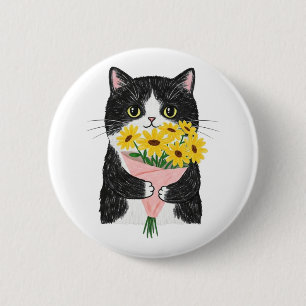 Tuxedo Cat with Sunflowers Bouquet 6 Cm Round Badge