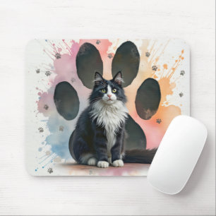 Tuxedo Cat With Watercolor Paw Print Design Mouse Mat