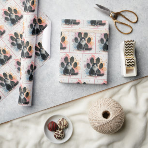Tuxedo Cat With Watercolor Paw Print Design Wrapping Paper