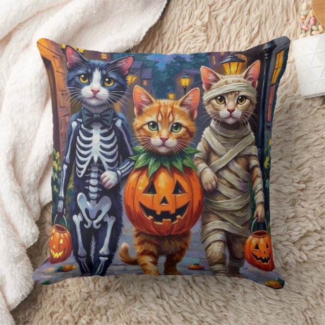 Tuxedo Cats Trick-or-Treating in Halloween Costume Cushion (Blanket)